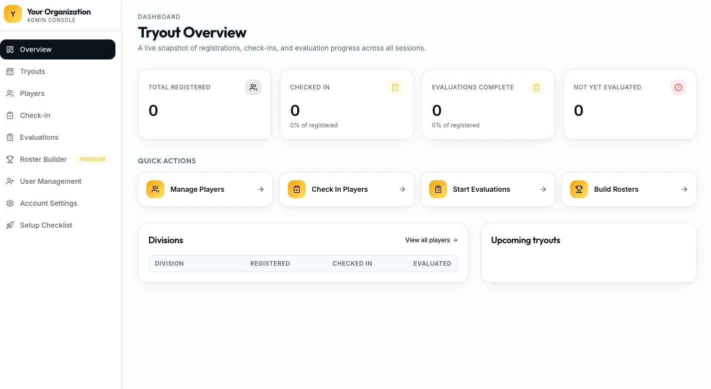 Tryout management software dashboard comparing athletes by evaluator and session