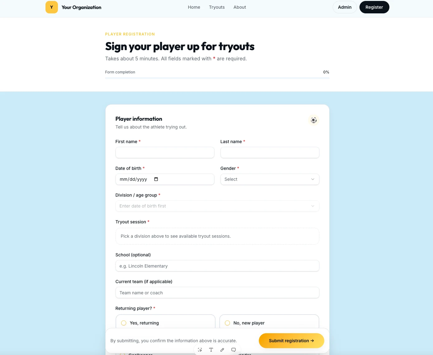 TryoutOS player registration form with progress bar and required fields