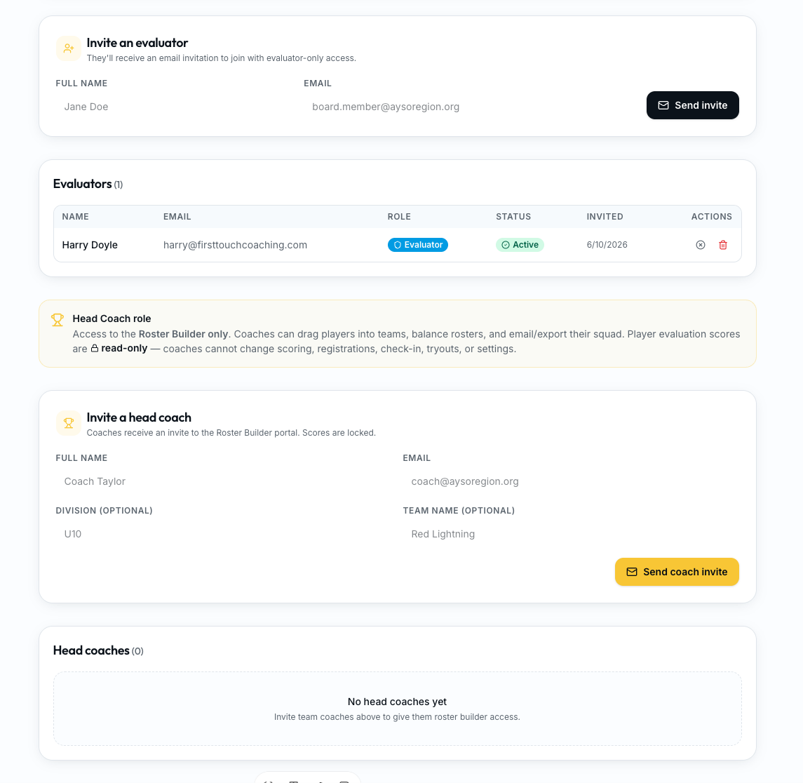 TryoutOS invite evaluators and head coaches screen with role-based access