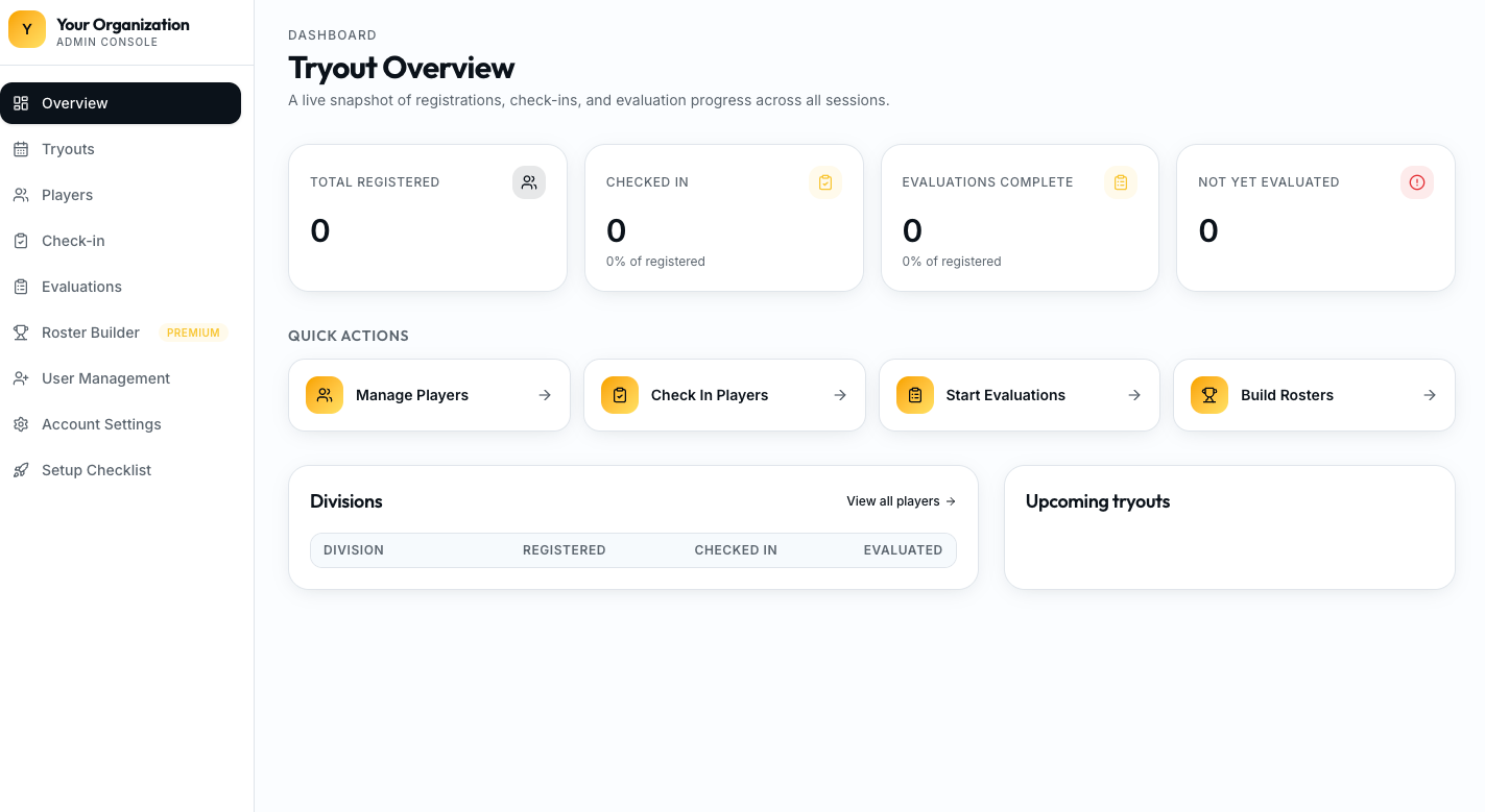TryoutOS admin dashboard showing registrations, check-ins, and evaluation progress