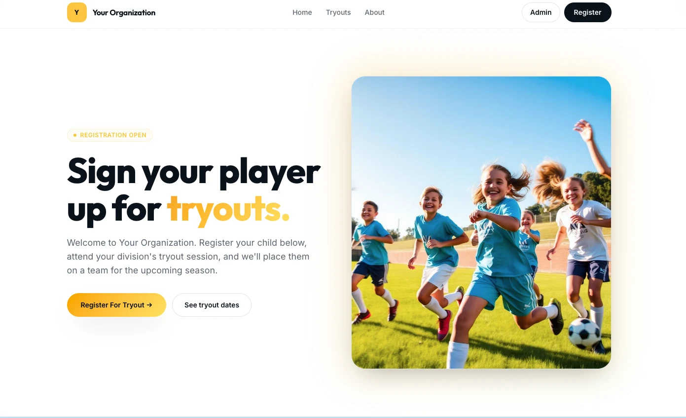Branded youth sports tryout registration landing page